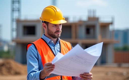 A project manager reviewing plans on a construction site.